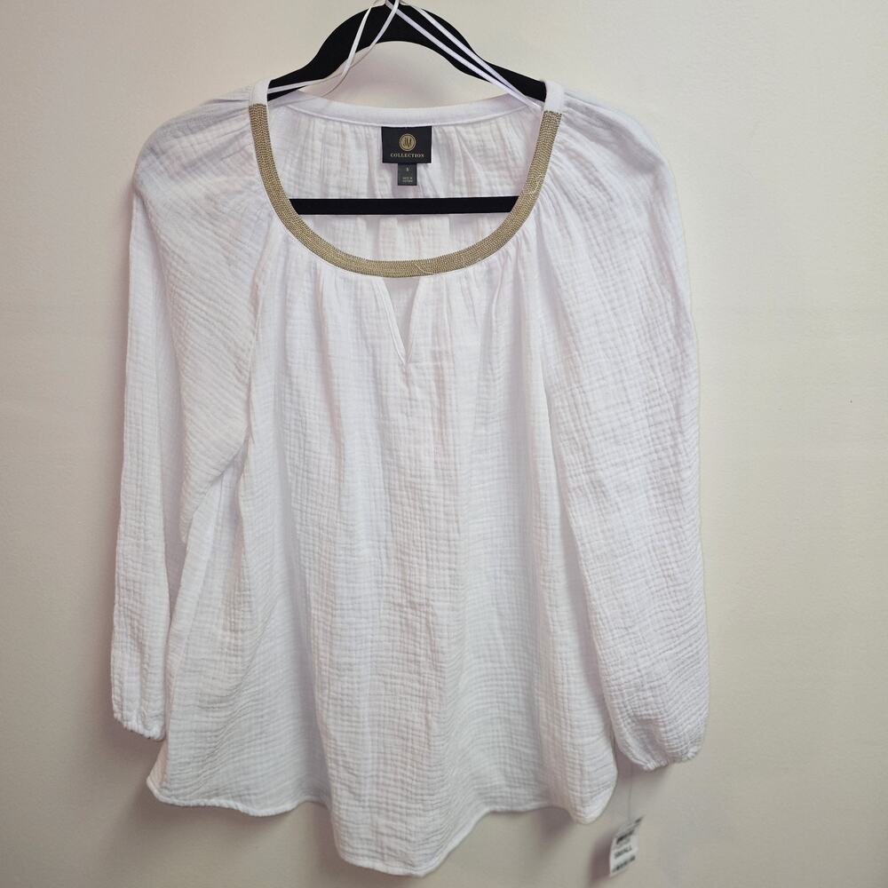 JM Collection White Gauze Coastal Cowgirl Blouse With Gold Neckline NWT Size S